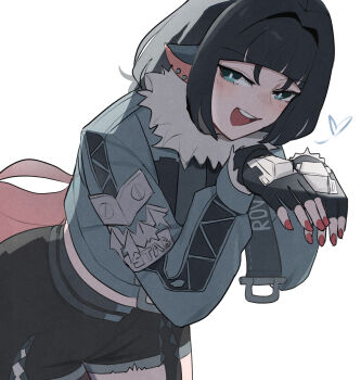 1girl :d animal_ears aqua_eyes black_gloves black_hair black_shorts fingerless_gloves gloves grey_jacket highres jacket jane_doe_(zenless_zone_zero) long_sleeves looking_at_viewer mata_(matasoup) nail_polish open_mouth rat_ears red_nails shorts smile solo zenless_zone_zero