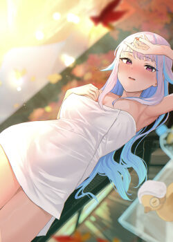 1girl arm_up armpits bird blue_hair blurry blurry_background blurry_foreground blush breasts cleavage colored_inner_hair commentary_request cowboy_shot depth_of_field dutch_angle hand_on_own_chest hand_on_own_forehead hcz_n highres lize_helesta long_hair long_sidelocks looking_at_viewer lying medium_breasts monocle multicolored_hair nail_polish naked_towel nijisanji nose_blush on_side onsen open_mouth orange_nails paid_reward_available purple_eyes sebastian_piyodore sidelocks solo_focus streaked_hair towel towel_on_head two-tone_hair very_long_hair virtual_youtuber white_hair yellow_bird