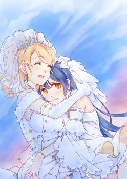 2girls ayase_eli bare_shoulders blonde_hair blue_hair blush breasts bridal_veil bride closed_eyes closed_mouth commentary_request detached_sleeves dress elbow_gloves gloves hair_between_eyes hair_ornament happy highres hug large_breasts light_smile long_hair long_sleeves looking_at_viewer love_live! love_live!_school_idol_festival love_live!_school_idol_project mimori_(cotton_heart) multiple_girls nontraditional_wedding_dress open_mouth ponytail sidelocks smile sonoda_umi tareme veil wedding wedding_dress white_dress wife_and_wife yellow_eyes yuri