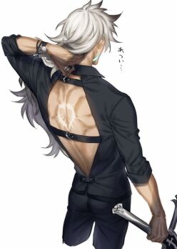 1boy backless_outfit black_pants black_shirt body_markings cropped_legs fate/grand_order fate_(series) from_behind tucking_hair jewelry long_hair male_focus pants ring shirt siegfried_(fate) siegfried_(super_cool_biz)_(fate) simple_background solo sword watch weapon white_background white_hair yukiyago