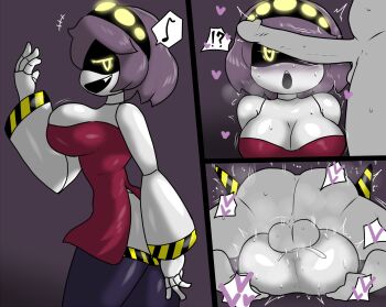 1boy 1girl android artist_name ass breasts enigi09 glitch_productions highres large_breasts mating_press murder_drones nipples nude penis robophilia robot robot_girl sex v_(murder_drones)