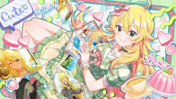 blonde_hair buttons choker closed_eyes cup english_text food fruit game_cg green_eyes heart high_heels holding hoshii_miki idolmaster idolmaster_million_live! idolmaster_million_live!_theater_days official_art one_eye_closed photo_(object) plate puffy_sleeves smile strawberry teacup