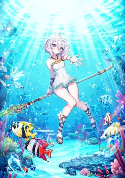 1girl air_bubble breasts bubble casual_one-piece_swimsuit closed_mouth collarbone covered_navel eyes_visible_through_hair fish flower full_body grey_hair hair_flower hair_ornament highres holding holding_polearm holding_weapon kokkoro_(princess_connect!) layered_skirt long_hair looking_at_viewer microskirt one-piece_swimsuit outstretched_arm outstretched_hand pleated_skirt pointy_ears polearm princess_connect! punc_p red_eyes skirt small_breasts smile solo sparkle sunlight swimsuit thigh_gap underwater weapon white_flower white_one-piece_swimsuit white_skirt
