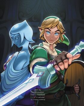 1boy blonde_hair fi_(zelda) goddess_sword green_hat green_tunic hat highres holding holding_sword holding_weapon link master_sword nintendo pointy_ears reverse_grip sword the_legend_of_zelda the_legend_of_zelda:_skyward_sword theskywaker tunic weapon