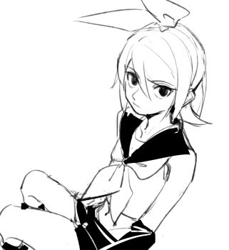Rule 34 | 1girl, bow, closed mouth, cropped shirt, detached sleeves, expressionless, hair between eyes, hair bow, kagamine rin, navel, neckerchief, sailor collar, short hair, shorts, simple background, solo, swept bangs, vocaloid, white background, wounds404