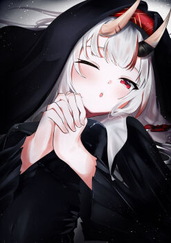 absurdres black_dress commentary_request dot_nose dress hair_between_horns highres hololive horn_ornament horns looking_at_viewer nakiri_ayame nun nun_headdress one_eye_closed oni open_mouth praying red_eyes red_hair skin-covered_horns virtual_youtuber white_hair