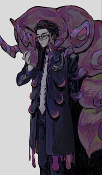 1boy 519luck arm_up black-framed_eyewear black_coat black_pants closed_mouth coat collared_shirt commentary_request corbeau_(pokemon) feet_out_of_frame frown gen_5_pokemon glasses highres korean_commentary lapels male_focus necktie nintendo open_clothes open_coat pants parted_hair pokemon pokemon_(creature) pokemon_legends:_z-a purple_hair purple_shirt round_eyewear scolipede shirt short_hair simple_background solo standing white_background white_necktie wing_collar