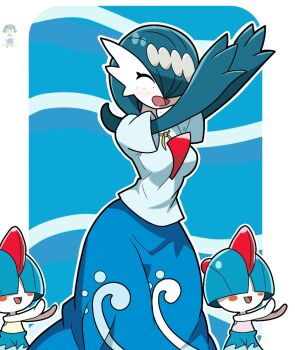 3girls blue_hair blush breasts closed_eyes dancing freckles gardevoir gen_3_pokemon harper_(pokemon) hula lana's_mother_(pokemon) lanaposting medium_breasts mother_and_child mother_and_daughter multiple_girls nintendo parent_and_child pokemon pokemon_(anime) pokemon_the_series:_sun_&amp;_moon pokemonization ralts sarah_(pokemon) shirt siblings sisters skirt smile twins