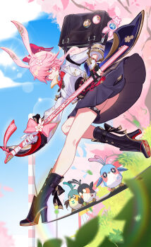 1girl absurdres ass asymmetrical_gloves bag black_gloves blue_skirt blue_sky boots bread bread_slice breasts commentary_request evanescia_(honkai:_star_rail) food food_in_mouth gloves gokusaishiki_(1376145360) high_heel_boots high_heels highres holding holding_stick honkai:_star_rail honkai_(series) measuring_stick medium_breasts mismatched_gloves mouth_hold origami_bird_(honkai:_star_rail) school_bag shirt skirt sky stick toast toast_in_mouth variant_set white_gloves white_shirt