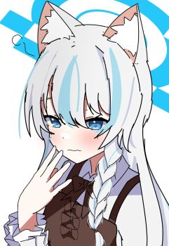 1girl animal_ear_fluff animal_ears blue_eyes blue_hair bow braid cat_ears character_request commentary_request halo long_hair multicolored_hair relief_07 shirt simple_background single_braid solo vrchat vrchat_(medium) white_background white_shirt