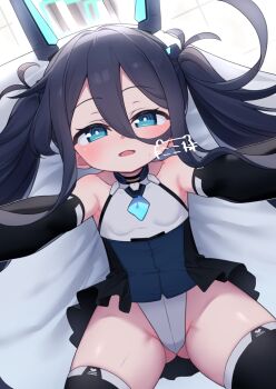 1girl aris_(armed)_(blue_archive) aris_(blue_archive) artist_logo artist_name black_gloves black_hair black_thighhighs blue_archive blue_eyes blue_halo blush breasts collarbone commentary_request elbow_gloves gloves groin hair_between_eyes halo headgear highres kokone_(coconeeeco) leotard logo loli long_hair long_hair_between_eyes looking_at_viewer official_alternate_costume open_mouth paid_reward_available rectangular_halo ringed_eyes signature small_breasts solo thighhighs twintails very_long_hair
