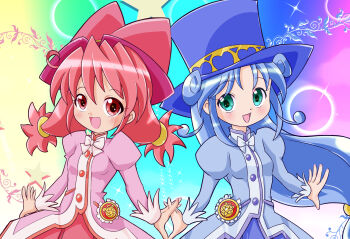 Rule 34 | 2girls, :d, ahoge, aqua eyes, blue coat, blue hair, blue hat, blue skirt, blush, bow, bowtie, breasts, buttons, coat, colorful background, commentary, crest, curly hair, dot nose, fine (futagohime), fingernails, fushigiboshi no futago hime, gradient background, hair between eyes, hat, highres, interlocked fingers, long hair, long sleeves, looking at viewer, low-tied long hair, low twintails, matching outfits, medallion, multiple girls, open mouth, overcoat, patterned background, pink coat, pleated skirt, puffy long sleeves, puffy sleeves, rainbow background, red eyes, red hair, red hat, red skirt, rein (futagohime), siblings, side-by-side, sisters, skirt, small breasts, smile, spread fingers, standing, star (symbol), top hat, twins, twintails, upper body, white bow, white bowtie, yoppi98ro
