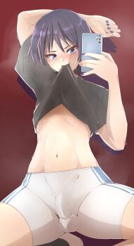 1boy absurdres black_hair black_shirt blue_nails bulge cellphone clothes_lift commentary english_commentary genshin_impact highres holding holding_phone male_focus marky_evan mouth_hold navel open_clothes open_shirt phone purple_eyes scaramouche_(genshin_impact) shirt shirt_lift short_hair shorts smartphone solo stomach trap white_shorts