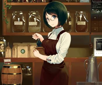 1girl apron bag barista barrel black_eyes black_hair bob_cut breasts cabinet coffee_grinder coffee_pot collared_shirt female_focus glasses green_hair holding indoors jar ladle long_sleeves looking_at_viewer medium_breasts original paper_bag rimless_eyewear sasamori_tomoe shirt short_hair solo standing white_shirt wing_collar