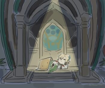 1boy blonde_hair brown_gloves cardboard closed_mouth door expressionless feather_hair_ornament feathers genshin_impact gloves hair_between_eyes hair_ornament homeless kaveh_(genshin_impact) long_sleeves looking_at_viewer lying on_side outdoors puffy_long_sleeves puffy_sleeves shirt sketch solo spotlight stairs white_shirt xinzoruo