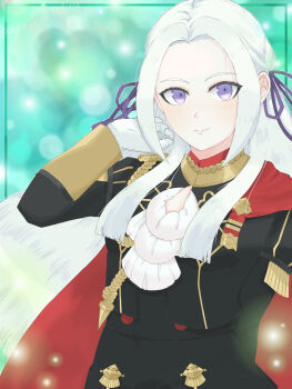 1girl breasts cape commentary_request edelgard_von_hresvelg fire_emblem fire_emblem:_three_houses garreg_mach_monastery_uniform hand_up highres long_hair looking_at_viewer nintendo purple_eyes purple_ribbon red_cape ribbon shii_atelier small_breasts smile solo very_long_hair white_hair