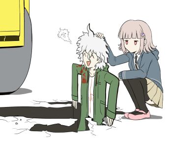 1boy 1girl :d ^_^ ahoge black_jacket black_thighhighs brown_hair brown_skirt closed_eyes collarbone danganronpa_(series) danganronpa_2:_goodbye_despair flipped_hair from_side green_jacket grey_hair hair_ornament highres hood hood_down jacket kmnm_1403 komaeda_nagito medium_hair messy_hair miniskirt nanami_chiaki open_clothes open_jacket open_mouth pink_eyes pink_shoes pleated_skirt print_shirt shirt shoes skirt smile squatting thighhighs white_background white_shirt