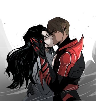 15mikaeruda 2girls absurdres armor black_hair blush bodysuit brown_hair claws closed_eyes coat couple dark-skinned_female dark_skin day_of_wrath_(infinitypilot) demon demon_girl doom_(2016) doom_(series) elena_richardson_(doom) elite_guard_(doom) fanfiction goodbye hair_over_one_eye hand_on_another's_back hand_on_another's_chest hand_on_another's_hip hand_on_another's_waist hand_on_back hand_on_own_chest hand_on_own_hip height_difference highres holding_detached_head hug kiss lab_coat long_hair monster_girl multiple_girls original pulling_another's_clothes raised_eyebrows red_armor red_background ruby_taylor_(day_of_wrath) sad scientist short_hair soldier warrior white_background white_coat yuri