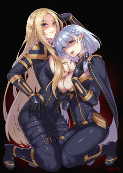2girls alpha_(kagejitsu) areola_slip arm_behind_head artist_name beta_(kagejitsu) blonde_hair blue_eyes bodysuit breasts bursting_breasts elf gloves hand_on_own_hip highres kage_no_jitsuryokusha_ni_naritakute! large_breasts long_hair medium_hair mibry_(phrysm) model_pose mole mole_under_eye multiple_girls naughty_face pointy_ears pulling_own_clothes smile smirk teasing top_pull
