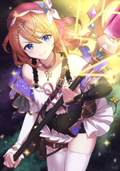 >:) 1girl absurdres asymmetrical_sleeves atelier_(series) atelier_resleriana bare_shoulders black_dress blue_eyes braid brown_hair buttons choker closed_mouth commentary cowboy_shot detached_sleeves double-breasted dress dutch_angle eyelashes floating_hair girugiru_(tektonics6588) hair_between_eyes hair_ornament hairclip hat highres holding holding_staff leaning_forward long_hair looking_at_viewer mage_staff mismatched_sleeves parallel_hairclips pink_choker pink_hat resna_sternenlicht single_braid sleeveless sleeveless_dress smile smug solo sparkle staff star_(symbol) star_choker thigh_strap thighhighs tsurime twitter_username two-tone_dress v-shaped_eyebrows white_dress white_thighhighs zettai_ryouiki