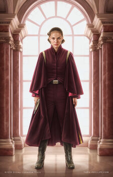 1girl artist_name belt boots brown_belt brown_boots brown_eyes brown_hair brown_pants brown_robe full_body indoors looking_at_viewer padme_amidala pants robe solo star_wars star_wars:_the_phantom_menace tara_phillips watermark web_address