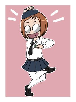 Rule 34 | 1girl, anzio school uniform, belt, belt buckle, beret, black belt, black hat, black skirt, brown hair, buckle, collared shirt, dancing, girls und panzer, glasses, hat, katsuya megu, miniskirt, open mouth, pantyhose, pink background, pleated skirt, round eyewear, school uniform, shirt, short hair, simple background, skirt, smile, standing, standing on one leg, takahashi kurage, tongue, white pantyhose, white shirt, wing collar