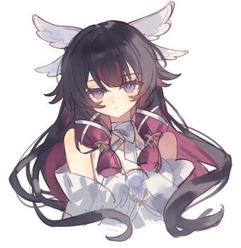 1girl black_hair blunt_bangs bow choker columbina_(genshin_impact) detached_sleeves dress feathered_wings genshin_impact gradient_hair hair_ornament hair_tubes head_wings long_hair long_sleeves looking_at_viewer multicolored_hair multiple_wings pink_hair purple_eyes reido_0723 sidelocks simple_background sleeveless sleeveless_dress solo teeth two-tone_hair upper_body wavy_hair white_background white_bow white_choker white_dress white_sleeves wide_sleeves wings x_hair_ornament