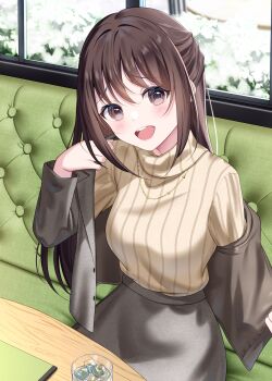 Rule 34 | 1girl, absurdres, brown eyes, brown hair, brown sweater, choppy bangs, commentary request, grey jacket, grey skirt, half updo, hand up, highres, hominotsu, indoors, jacket, jewelry, long hair, long sleeves, necklace, on bench, open mouth, original, raised inner eyebrows, removing jacket, ribbed sweater, sidelocks, sitting, skirt, smile, solo, sweater, sweater tucked in