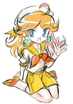 1girl absurdres blue_eyes brown_hair earrings flower_earrings hat highres jewelry long_hair mario_(series) mario_kart mario_kart_tour nintendo official_alternate_costume open_mouth orange_shoes orange_shorts princess_daisy princess_daisy_(sailor) rakugaki_shitagari-ya sailor_hat shoes shorts simple_background sitting smile socks white_background white_hat white_socks