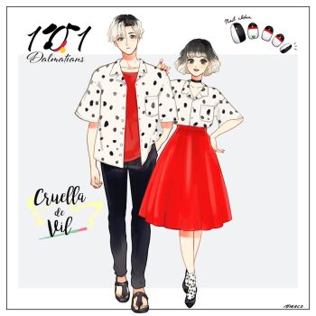 101_dalmatians 1boy 1girl black_hair coat cruella_de_vil eyeshadow fur_coat genderswap grey_eyeshadow looking_at_viewer makeup meecosme multicolored_hair red_lips shirt short_hair smile split-color_hair two-tone_hair white_hair