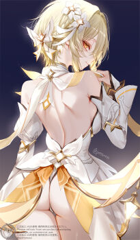 1girl ass back backless_dress backless_outfit bare_shoulders blonde_hair bow closed_mouth commentary_request cowboy_shot detached_sleeves dress flower from_behind genshin_impact gradient_background hair_bow hair_flower hair_intakes hair_ornament hand_up highres long_sleeves looking_at_viewer looking_back lumine_(as_heaven_and_earth_are_made_anew)_(genshin_impact) lumine_(genshin_impact) median_furrow official_alternate_costume pottsness shoulder_blades sideways_glance smile solo thigh_gap thighs twitter_username watermark white_bow white_dress white_flower yellow_eyes