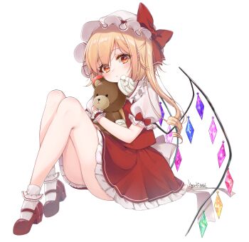 1girl absurdres artist_name ass blonde_hair bobby_socks bow closed_mouth commentary_request crystal flandre_scarlet full_body haruki_(colorful_macaron) hat hat_bow heart highres holding holding_stuffed_toy looking_at_viewer mary_janes mob_cap one_side_up puffy_short_sleeves puffy_sleeves red_bow red_eyes red_shoes red_skirt red_vest shirt shoes short_sleeves signature simple_background skirt socks solo speech_bubble standing stuffed_animal stuffed_toy teddy_bear touhou translation_request twitter_username vest white_background white_hat white_shirt white_socks wings wrist_cuffs