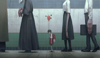 1girl backpack bag balloon bug butterfly commentary_request insect lost_child monokubo original oversized_limbs queue randoseru red_skirt shirt skirt white_shirt