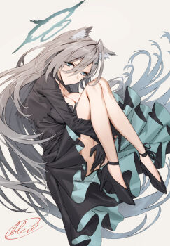 1girl animal_ear_fluff animal_ears bare_legs black_choker black_dress black_gloves black_shoes blew_andwhite blue_archive breasts broken_halo choker commentary_request cross_hair_ornament curled_up dark_halo dress gloves grey_hair hair_ornament halo high_heels highres hugging_own_legs long_hair looking_at_viewer mismatched_pupils shiroko_terror_(blue_archive) shoes signature simple_background solo white_background wolf_ears wolf_girl