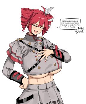 1girl :d ahoge alternate_breast_size_(larger) blush bow breasts buttons closed_eyes cropped_jacket dotthebot double-breasted drill_hair english_text grey_jacket grey_skirt hair_between_eyes hair_bow hand_on_own_chest hand_on_own_hip highres huge_breasts jacket kasane_teto kasane_teto_(sv) midriff military_uniform nail_polish navel open_mouth paid_reward_available red_hair red_nails red_trim short_hair shoulder_belt shoulder_boards skirt smile solo speech_bubble twin_drills underboob upper_body utau vocaloid white_bow