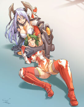 2girls catfight jelly_shrimp multiple_girls ring_dream scissorhold smile sonic_cat ultra_kaijuu_gijinka_keikaku ultra_series wrestling wrestling_ring zetton