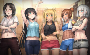 5girls abs aqua_tank_top arm_up armpits belly_grab bike_shorts blush breasts clothes_lift commentary_request cowboy_shot crossed_arms dark-skinned_female dark_skin dumbbell_nan_kilo_moteru? fang gina_boyd lif_(lif_&amp;_ref) lifting_own_clothes long_hair looking_at_viewer medium_breasts midriff mole mole_under_eye multiple_girls navel one_eye_closed plump sakura_hibiki shirt shirt_lift shorts smell smile souryuuin_akemi sports_bra standing stretching sweat tachibana_satomi tan tank_top towel uehara_ayaka_(danberu_nan_kiro_moteru?) wet wet_clothes wet_shirt white_shirt