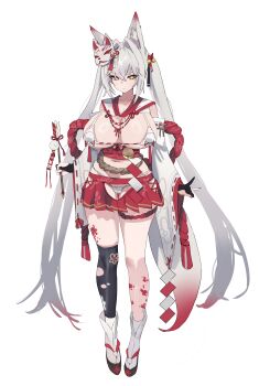 1girl absurdres animal_ear_fluff animal_ears arrow_(projectile) black_gloves black_sandals breasts cleavage closed_mouth collarbone commentary curvy detached_sleeves fox_ears fox_girl fox_tail full_body gloves grey_hair hair_between_eyes highres holding holding_arrow huge_breasts kneehighs krabking legs long_hair mask mask_on_head nail_polish navel original panties partially_fingerless_gloves red_nails red_skirt sandals simple_background single_kneehigh single_sock skirt skirt_cutout socks solo standing tail thigh_gap underwear very_long_hair white_background white_panties white_socks wide_sleeves yellow_eyes