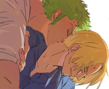 Rule 34 | 2boys, blonde hair, blue shirt, closed eyes, collared shirt, curly eyebrows, green hair, hand on another's arm, hashtag-only commentary, highres, kiss, kissing neck, looking back, male focus, multiple boys, one piece, open collar, parted bangs, parted lips, r3fekpz4io20927, roronoa zoro, sanji (one piece), shirt, short hair, sideburns, simple background, white background, white shirt, yaoi