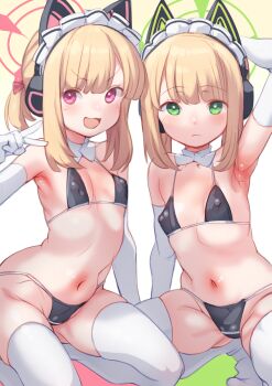2girls :3 :d animal_ear_headphones animal_ears arm_behind_head arm_support arm_up armpits bikini black_bikini blonde_hair blue_archive blush bow cat_ear_headphones cat_ears closed_mouth commentary covered_erect_nipples detached_collar elbow_gloves fake_animal_ears flat_chest gloves gluteal_fold gradient_background green_background green_eyes green_halo groin hair_bow halo headphones highres hip_bones loli looking_at_viewer looking_to_the_side maid_headdress medium_hair micro_bikini midori_(blue_archive) midori_(maid)_(blue_archive) momoi_(blue_archive) momoi_(maid)_(blue_archive) multiple_girls navel no_shoes official_alternate_hairstyle open_mouth paid_reward_available parted_bangs pink_background pink_bow pink_eyes pink_halo presenting_armpit puddinghomhom seiza short_twintails siblings sidelocks sisters sitting skindentation smile spread_legs squatting stomach string_bikini swimsuit thighhighs thighs tiptoes twins twintails v v-shaped_eyebrows variant_set white_background white_gloves white_headdress white_thighhighs yellow_background