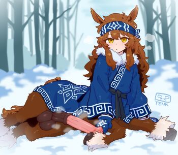 1boy animal_ears animal_penis artist_name blush breath centaur coat commentary curly_hair erection forest fur-trimmed_coat fur_trim gloves hair_between_eyes headband highres horse_ears horse_penis horse_tail huge_penis huge_testicles long_hair looking_at_viewer male_focus nature original penis sash sidelocks snow solo symbol-only_commentary tail taur tenk testicles tree uncensored utari_(tenk) yellow_eyes