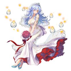 Rule 34 | 1girl, amulet, aqua eyebrows, aqua footwear, aqua hair, aqua pendant, artist request, blush, bouquet, breasts, candle, cleavage, covered navel, dress, eloise (final gear), facial mark, final gear, fire, floral print dress, flower, full body, hair over one eye, head tilt, high heels, highres, holding, holding bouquet, jewelry, lace-trimmed veil, lace trim, looking to the side, necklace, no socks, official art, open mouth, pendant, red ribbon, ribbon, see-through veil, simple background, solo, strapless, strapless dress, tachi-e, teeth, third-party source, transparent background, white dress, white tiara, white veil, yellow eyes