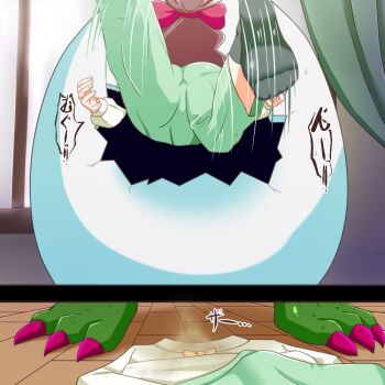 1girl 1other alternate_universe artist_request ass bad_end before_and_after brown_hair digimon digimon_(creature) digimon_ghost_game digitamamon eating egg fingernails forced long_hair sand sequential simple_background standing surprised translation_request trembling tsukiyono_ruli very_long_hair vore wide_hips window