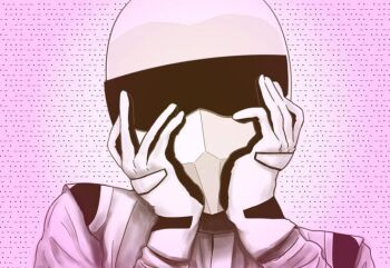 1boy crossover gloves hands_on_own_cheeks hands_on_own_face helmet hvn male_focus mirai_nikki morse_code parody racing_suit solo the_stig top_gear yandere_trance