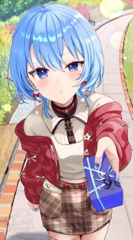 Rule 34 | 1girl, absurdres, blue eyes, blue hair, blue nails, bob cut, brown skirt, brown sweater, cardigan, commentary request, day, double-parted bangs, earrings, gift, hair between eyes, highres, holding, holding gift, hololive, hoshimachi suisei, hoshimachi suisei (micomet), incoming gift, jewelry, kudoukudokudo, looking at viewer, nail polish, off shoulder, outdoors, plaid clothes, plaid skirt, pom pom (clothes), pom pom earrings, pout, pov, red cardigan, short hair, skirt, solo, star (symbol), star in eye, sweater, symbol in eye, thighlet, virtual youtuber