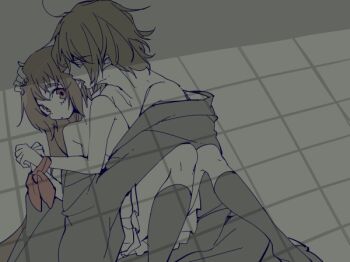 1boy 1girl bdsm black_socks bondage bound bound_arms brown_hair convenient_censoring flat_color hug kiguchiko koto_(kyousougiga) kyousougiga long_hair lying miniskirt myoue open_mouth red_eyes shirtless_male short_hair skirt socks source_request topless_female