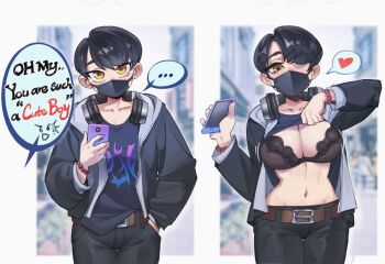 ... 1girl belt black_bra black_hair blush bra bracelet breasts cleavage clothes_lift commentary english_commentary english_text flashing hair_over_one_eye headphones headphones_around_neck heart holding holding_phone jewelry lace lace-trimmed_bra lace_trim large_breasts lifting_own_clothes mask mouth_mask navel original pearl_bracelet phone reverse_trap shirt_lift short_hair sin_(sintrybest) solo speech_bubble spoken_ellipsis spoken_heart swept_bangs tomboy underwear yellow_eyes