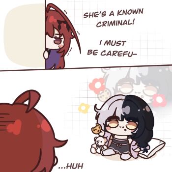 Rule 34 | 2girls, :3, absurdres, ahoge, black hair, black nightgown, blush stickers, bow, braid, chibi, chibi only, chocolate chip cookie, closed mouth, coat, colored inner hair, commentary, cookie, elizabeth rose bloodflame, english commentary, english text, food, food on face, hair bow, hair ornament, highres, hiroavrs, holding, holding food, hololive, hololive english, huge ahoge, low twin braids, multicolored hair, multiple girls, nightgown, no pupils, official alternate costume, open clothes, open coat, pillow, pink bow, pink coat, red eyes, red hair, shiori novella, shiori novella (sleepwear), single off shoulder, sitting, smile, split-color hair, stuffed animal, stuffed toy, teddy bear, trembling, twin braids, two-tone hair, virtual youtuber, yellow eyes