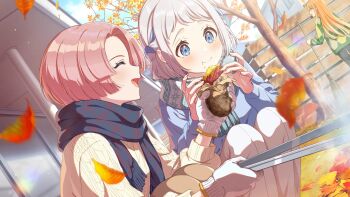 2girls 3girls arimura_mao autumn_leaves blonde_hair blue_eyes blue_hair braid broom brown_hair building closed_eyes cloud fence food food_on_face gakuen_idolmaster game_cg grey_hair highres holding idolmaster katsuragi_lilja leaf multiple_girls official_art open_mouth orange_hair pants profile scarf shiun_sumika tree