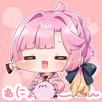 Rule 34 | 2girls, = =, ahoge, animalization, anyoji hime, anyoji hime (seal), black ribbon, blonde hair, blush, brown dress, cheek pinching, chibi, chibi only, commentary request, disembodied hand, dress, fukune koko, gradient hair, hair ribbon, hasu no sora school uniform, highres, hood, hooded jacket, jacket, link! like! love live!, long sleeves, love live!, multi-tied hair, multicolored hair, multiple girls, neckerchief, open clothes, open jacket, open mouth, outline, person and animalization, pinching, pink background, pink hair, pink jacket, ponytail, ribbon, sailor collar, sailor dress, school uniform, twitter username, virtual youtuber, white outline, white sailor collar, winter uniform, yellow neckerchief